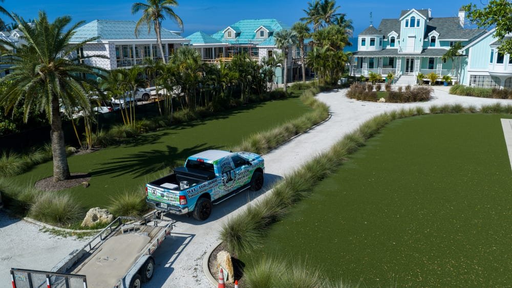 Aerial view of a landscaped coastal estate with a wrapped pickup truck on the drive