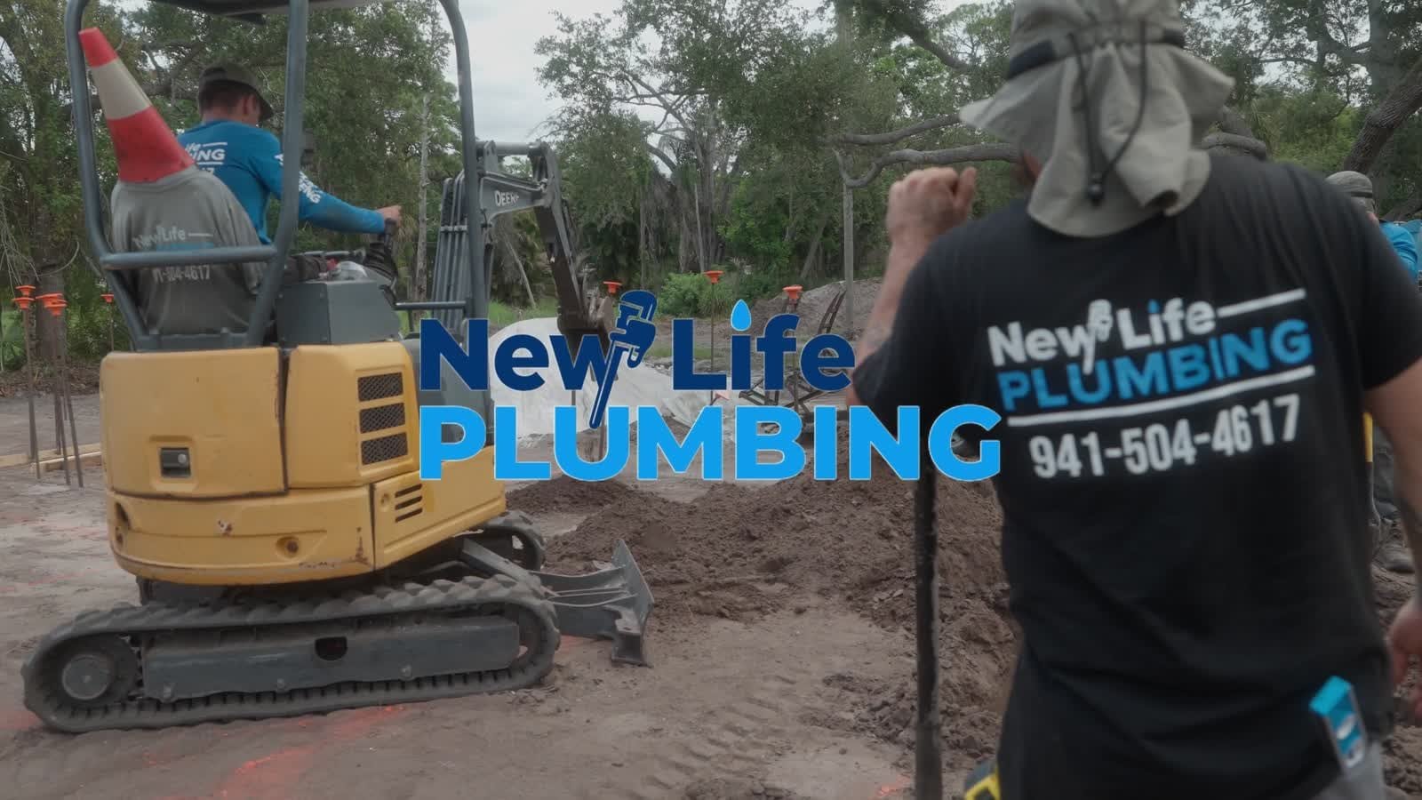 New Life Plumbing branding over a job site with an excavator and a crew member in a branded shirt