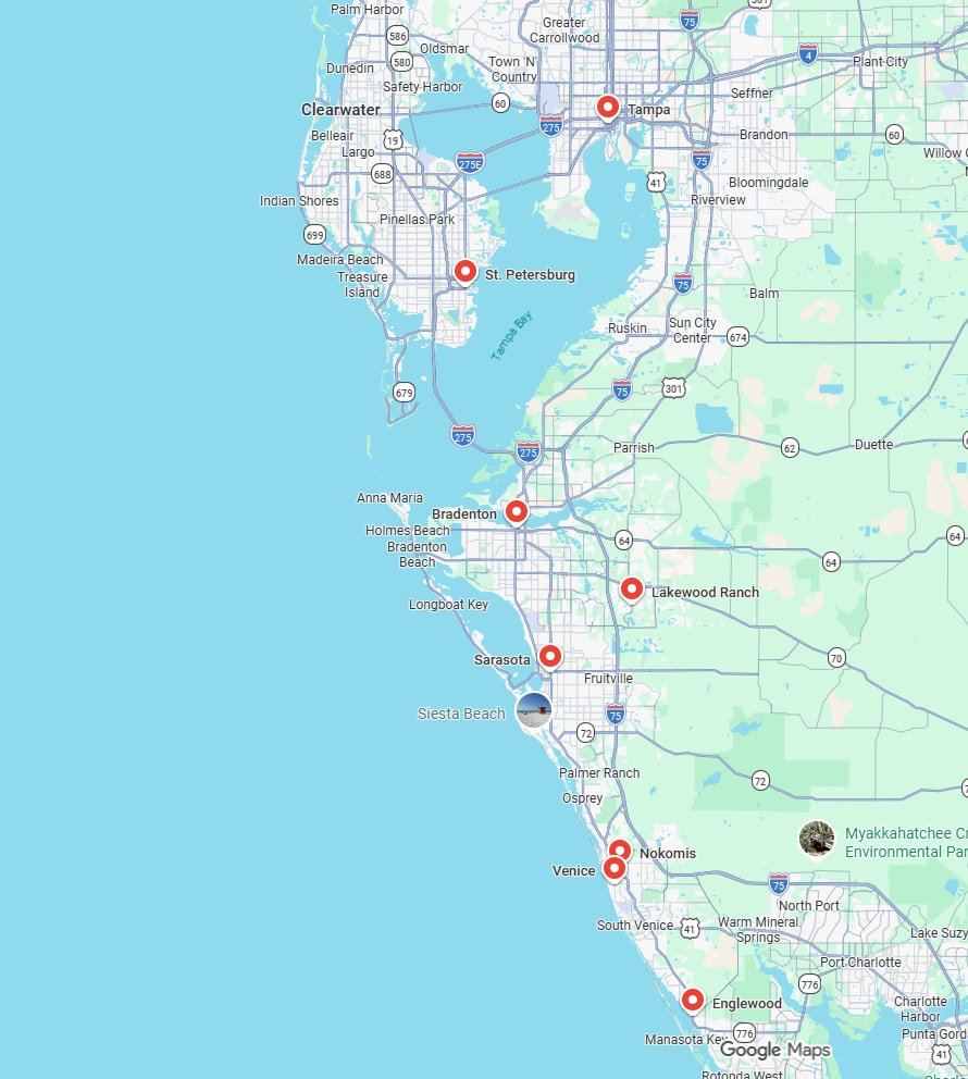 Map of the Southwest Florida Gulf Coast marking Zdrones Florida service areas