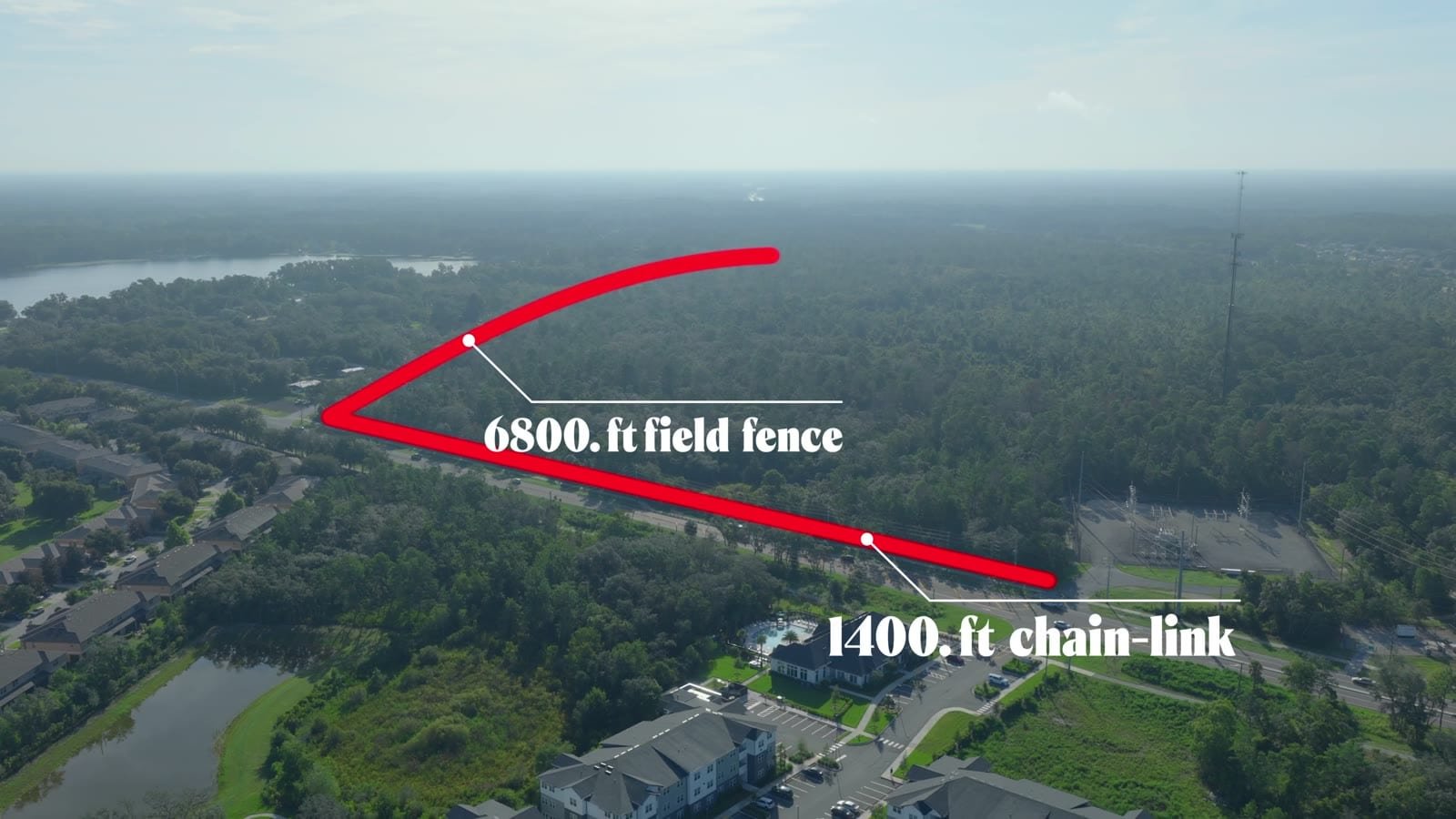 Aerial view of a rural property boundary with the finished fence run traced on screen and its length labelled
